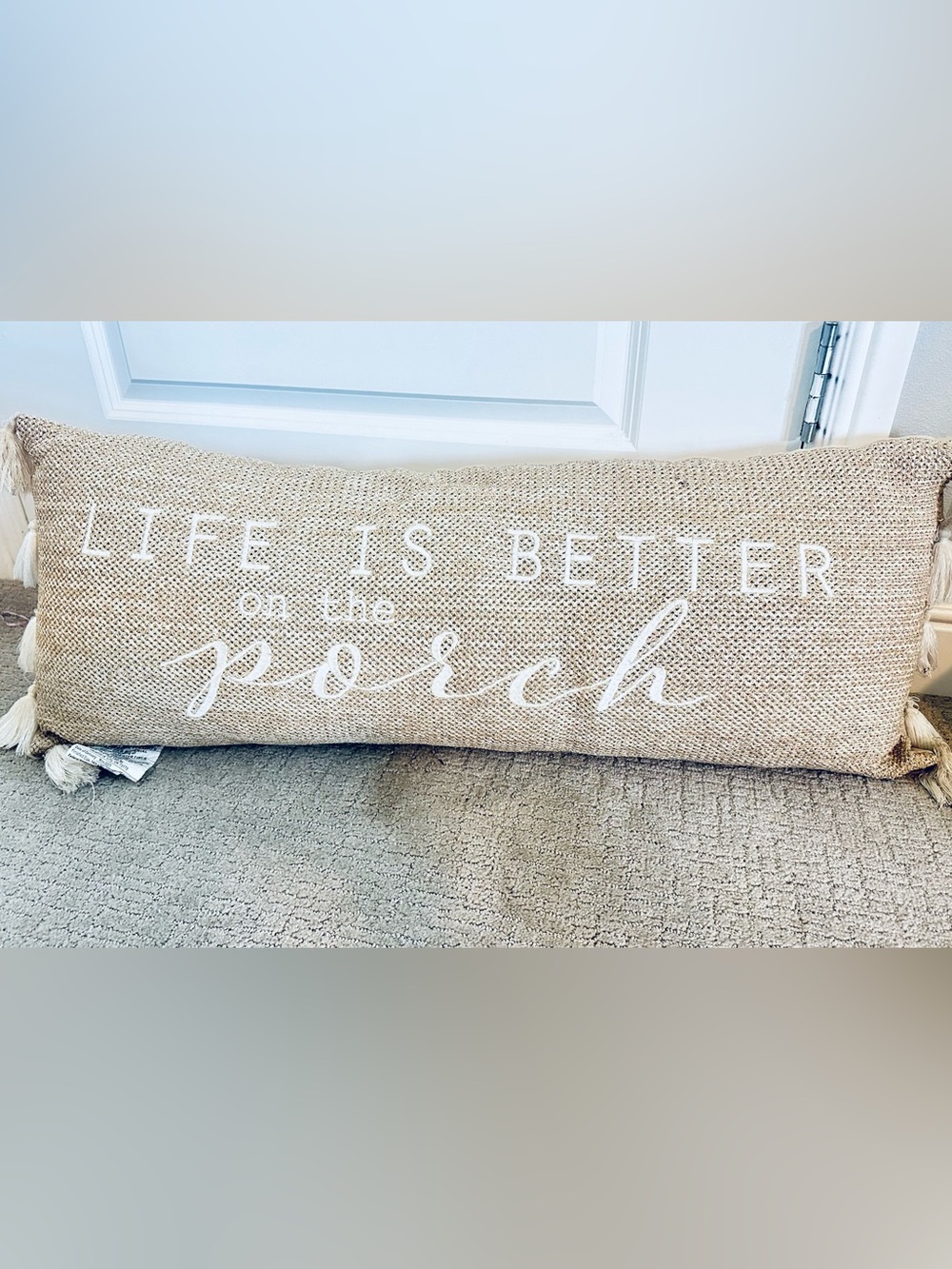 Life Is Better On The Porch Lumbar Pillow | Tassel Farmhouse Decor